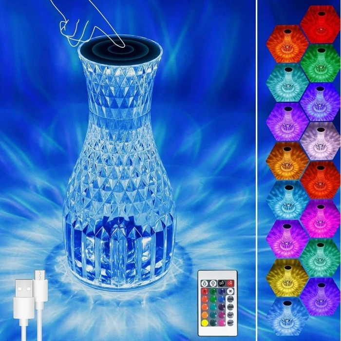 Sepet Dolusu® Sürahi Model USB Şarjlı Kumandalı 16 Farklı Işık Modlu Masa Üstü Kristal Akrilik Lamba Led