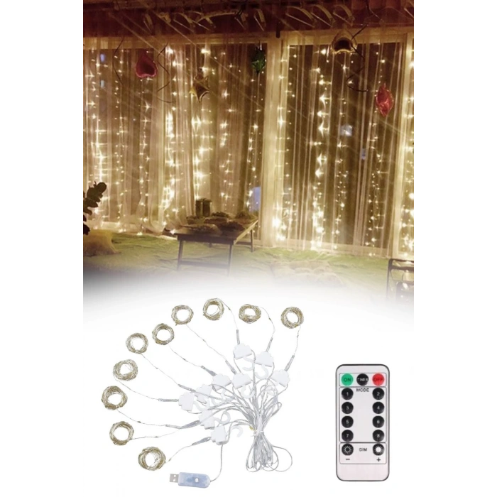Sepet Dolusu® Uzaktan Kumandalı LED Perdeye Takılabilen Kancalı Işık Usb 3x3 Metre Peri Perde LED