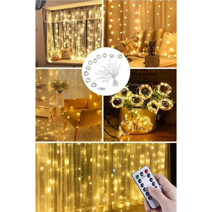 Sepet Dolusu® Uzaktan Kumandalı LED Perdeye Takılabilen Kancalı Işık Usb 3x3 Metre Peri Perde LED