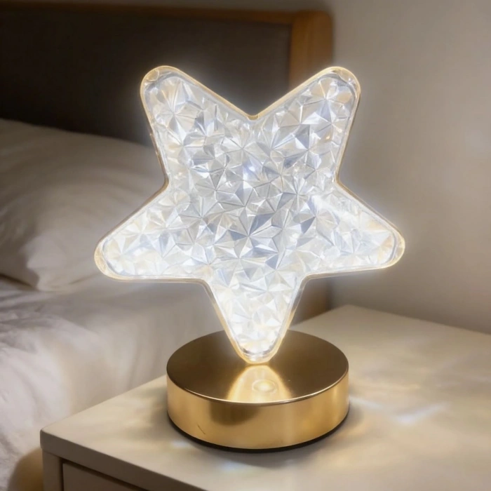 Sepet Dolusu® Yıldız Model Kristal LED Masa Lambası – Dokunmatik, 3 Renk Işık Modlu, Şarjlı Mini Dekoratif Gece Lambası