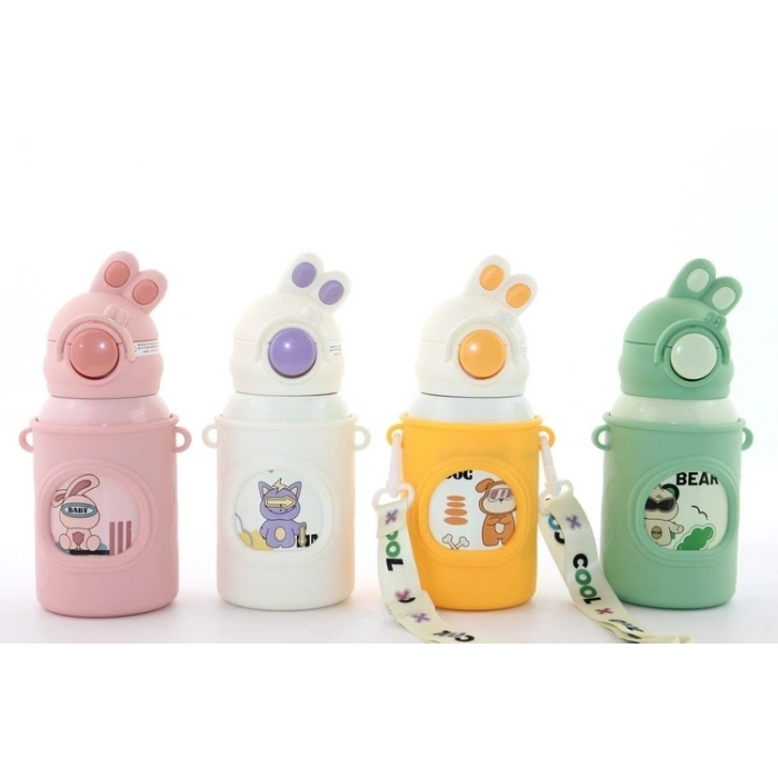 Tavşan Kulaklı Pipetli Çocuk Termosu - 500 Ml Paslanmaz Çelik Suluk Alk2309