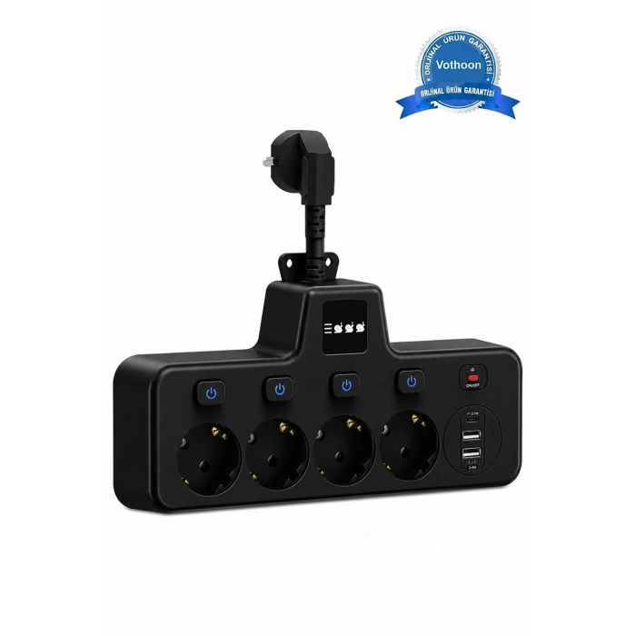 Termal Akım Korumalı 4’lü Duvar Tipi Priz 2x Usb 2x Type-c Çıkışlı Grup Priz Çoğaltıcı Siyah (2500w)