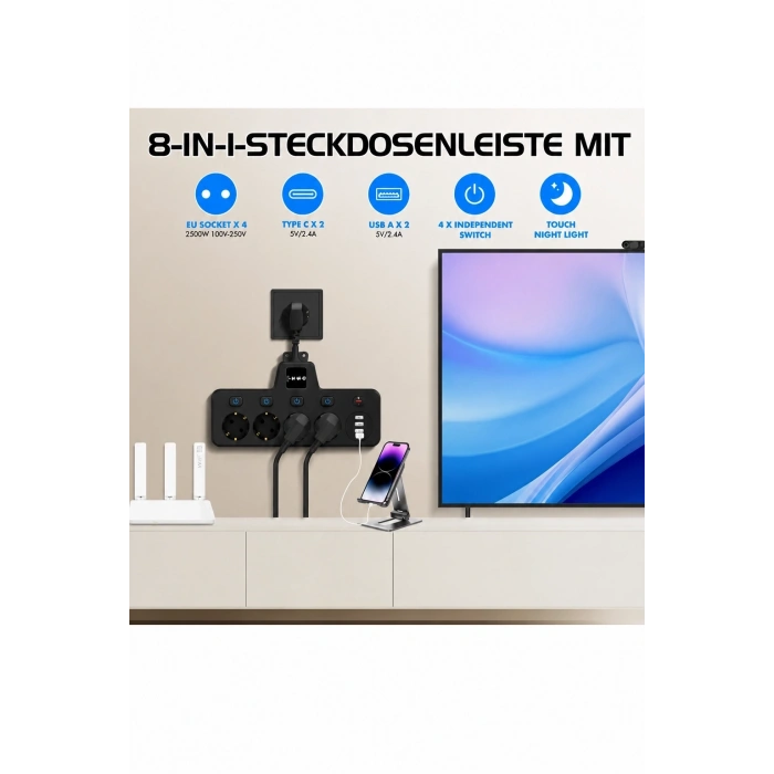 Termal Akım Korumalı 4’lü Duvar Tipi Priz 2x Usb 2x Type-c Çıkışlı Grup Priz Çoğaltıcı Siyah (2500w)