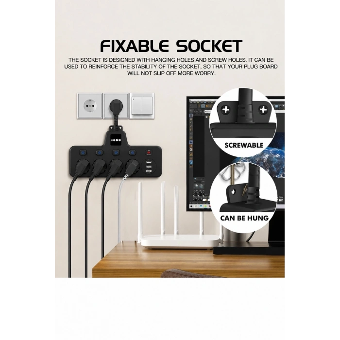 Termal Akım Korumalı 4’lü Duvar Tipi Priz 2x Usb 2x Type-c Çıkışlı Grup Priz Çoğaltıcı Siyah (2500w)