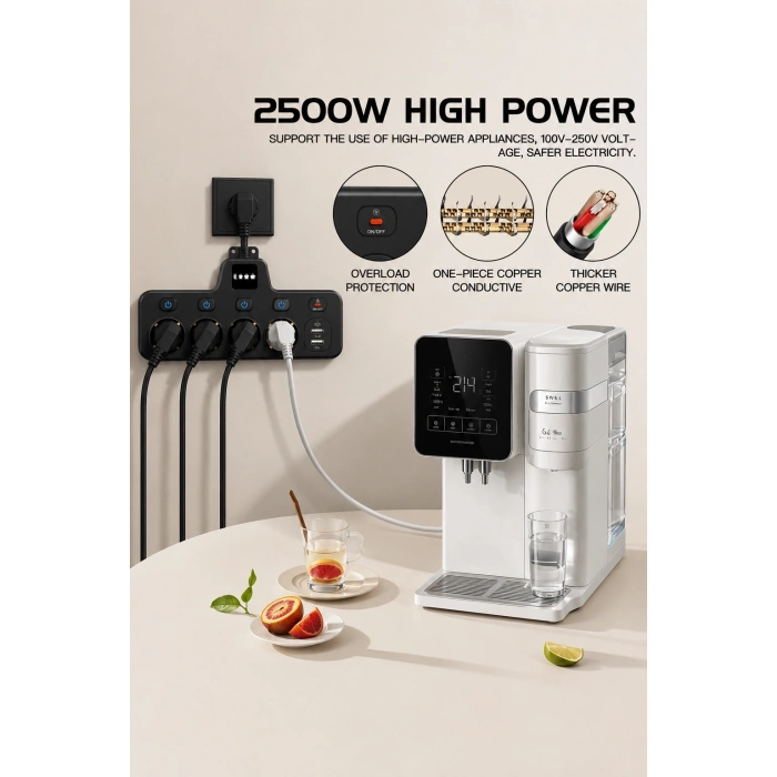 Termal Akım Korumalı 4’lü Duvar Tipi Priz 2x Usb 2x Type-c Çıkışlı Grup Priz Çoğaltıcı Siyah (2500w)