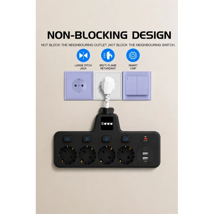 Termal Akım Korumalı 4’lü Duvar Tipi Priz 2x Usb 2x Type-c Çıkışlı Grup Priz Çoğaltıcı Siyah (2500w)
