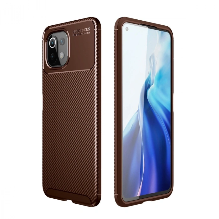 Xiaomi Mi 11 Lite Kılıf Auto Focus Karbon Kapak - Kahverengi