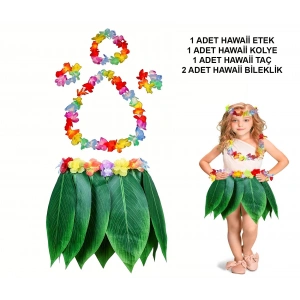 Çocuk Hawaii Kostüm Seti - Yaprak Etek  Hawaii Set - 5 Parça
