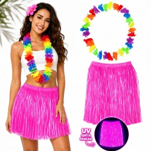 Neon Pembe Hawaii Etek 40 Cm Ve Rengarenk Hawaii Kolye