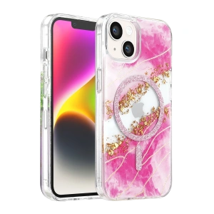Onegif Apple İphone 14 Lotus Simli Magsafe Kapak - Pembe