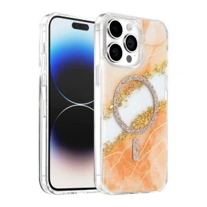 Onegif Apple İphone 14 Pro Max Lotus Simli Magsafe Kapak - Turuncu