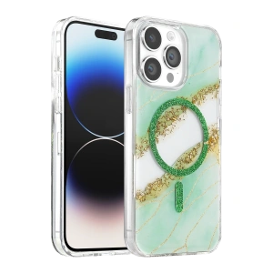 Onegif Apple İphone 14 Pro Max Lotus Simli Magsafe Kapak - Yeşil