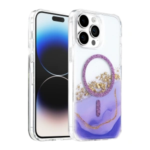 Onegif Apple İphone 15 Pro Max Lotus Simli Magsafe Kapak - Mor
