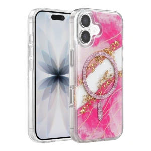 Onegif Apple İphone 16 Lotus Simli Magsafe Kapak - Pembe