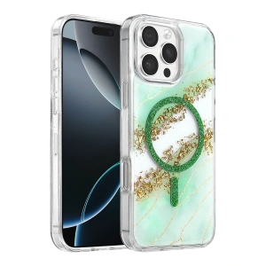 Onegif Apple İphone 16 Pro Max Lotus Simli Magsafe Kapak - Yeşil