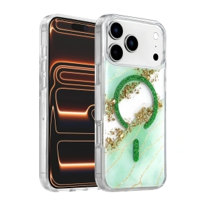 Onegif Apple İphone 17 Pro Lotus Simli Magsafe Kapak - Yeşil