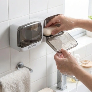 Sepet Dolusu® Duvara Monte İkili Kapaklı Plastik Katı Sabunluk Organizer – Banyo & Mutfak İçin Yapışkanlı Sabun Kutusu ve Düzenleyici