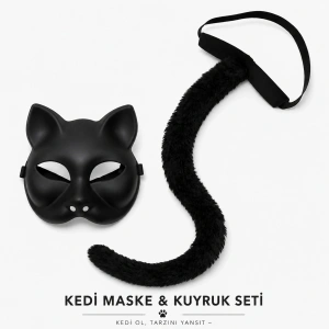 Siyah Kedi Maskesi Ve Peluş Kuyruk Kostüm Seti 70 Cm