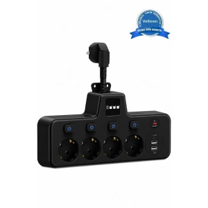 Termal Akım Korumalı 4’lü Duvar Tipi Priz 2x Usb 2x Type-c Çıkışlı Grup Priz Çoğaltıcı Siyah (2500w)