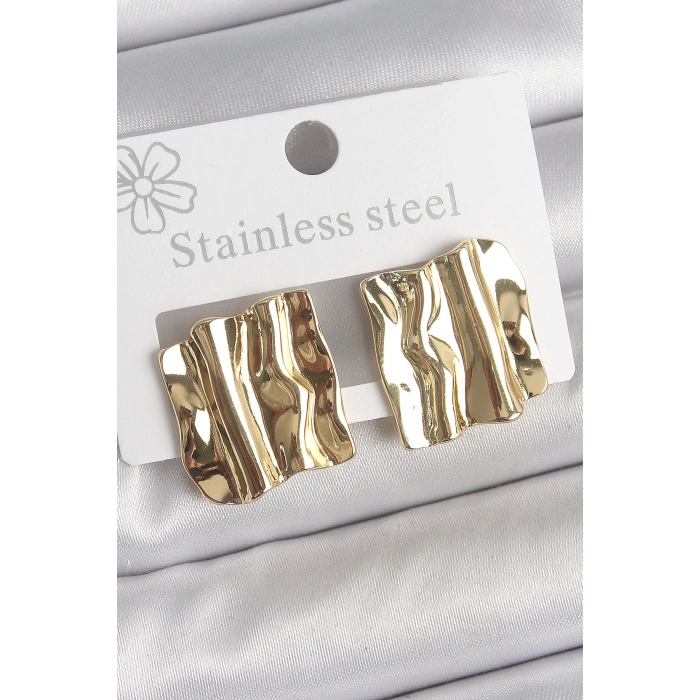 316 Çelik Gold Renk Dalgalı Plaka Model Kadın Küpe