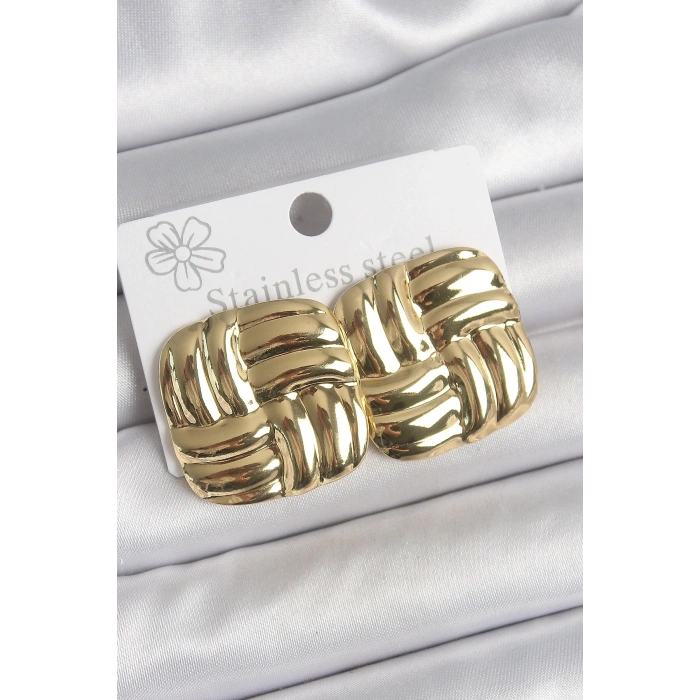 316 Çelik Gold Renk İşlemeli Kare Plaka Model Kadın Küpe