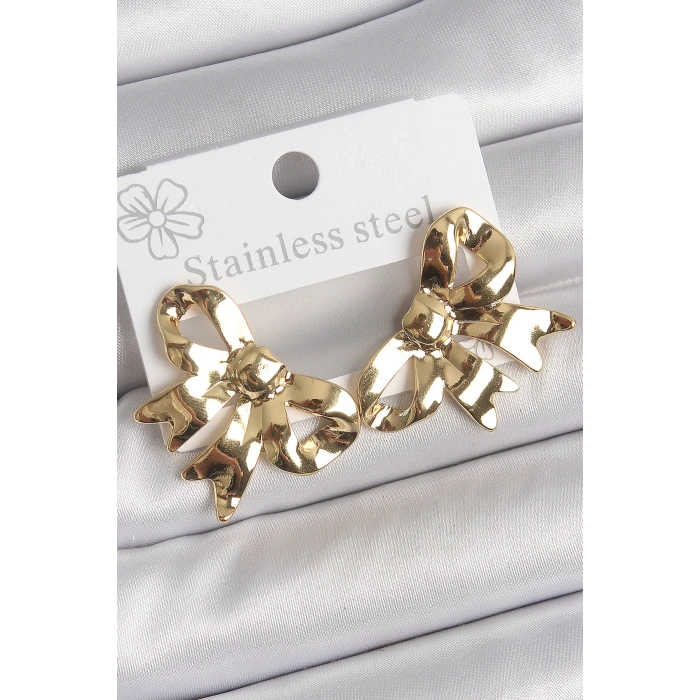 316 Çelik Gold Renk Kurdele Plaka Model Kadın Küpe