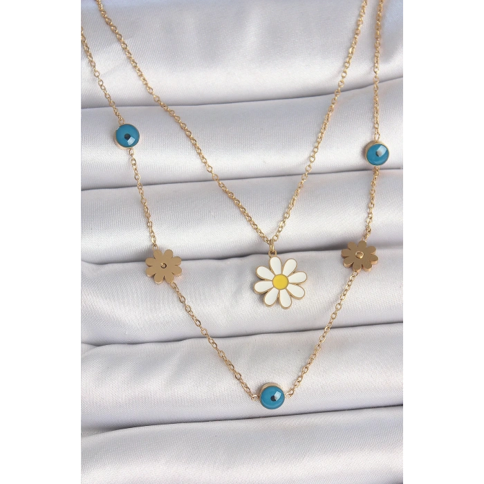 316L Çelik Gold Renk 2Li Zincir Model Papatya Figür Nazar Boncuk Detay Kadın Kolye