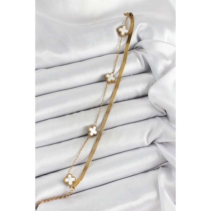 316L Çelik Gold Renk Beyaz Yoncalı 2li Kadın Bileklik