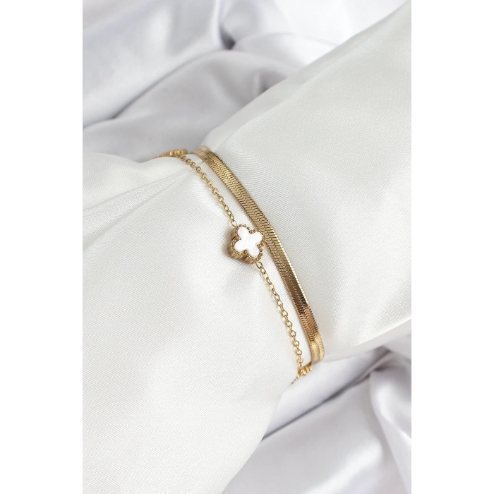 316L Çelik Gold Renk Beyaz Yoncalı 2li Kadın Bileklik