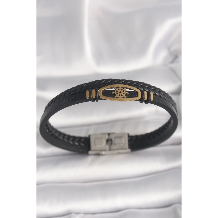 316L Çelik Gold Renk Gemi Dümen Figür Siyah Renk Çift Sıra Burgu Desenli Deri Kordon Erkek Bileklik