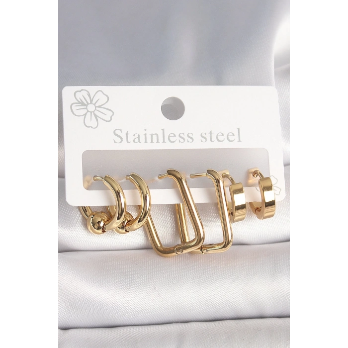 316L Çelik Gold Renk Halka Kare Model Kadın Küpe Seti