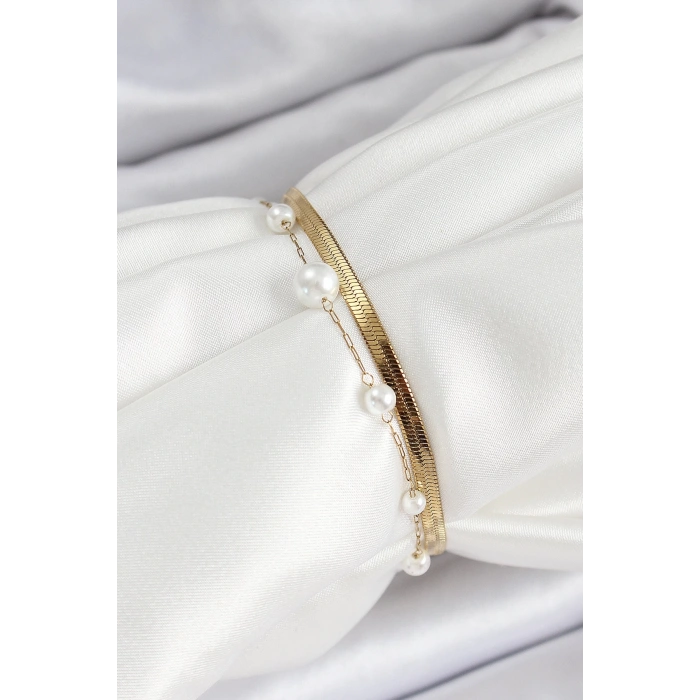 316L Çelik Gold Renk İncili ve İtalyan Zincirli Kadın Bileklik