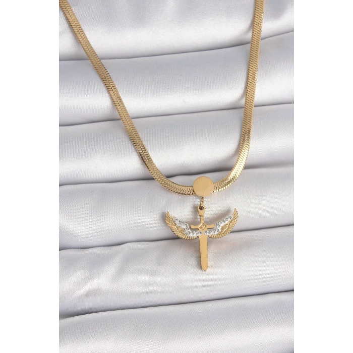 316L Çelik Gold Renk İtalyan Zincir Zirkon Taş Detaylı Mikail Model Kadın Kolye