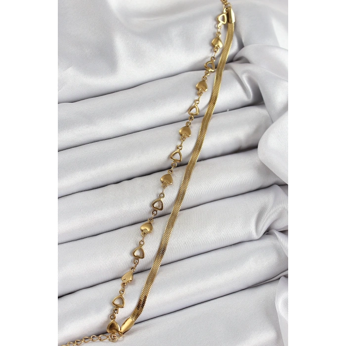 316L Çelik Gold Renk Kalpli Zincir ve İtalyan Zincirli 2li Kadın Bileklik