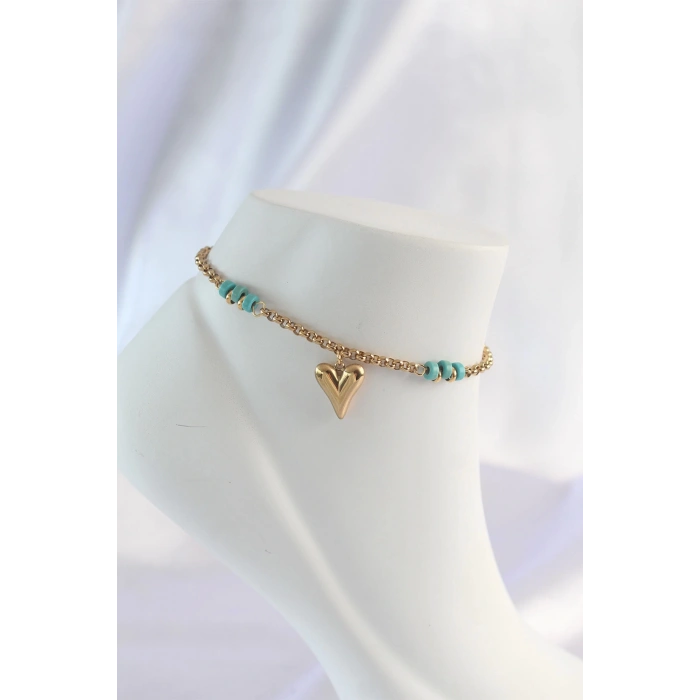 316L Çelik Gold Renk Mavi Taş Detay Kalpli Halhal