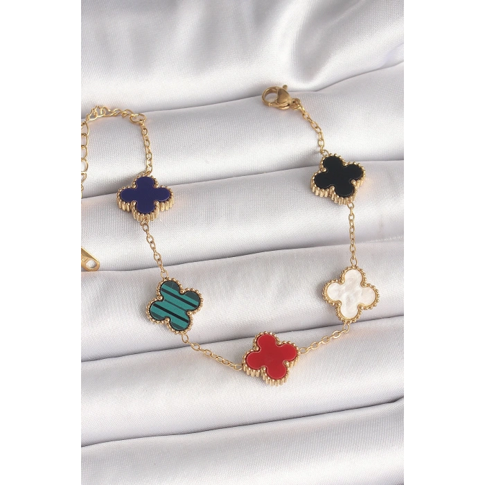 316L Çelik Gold Renk Mix Renkli Yonca Model Kadın Bileklik
