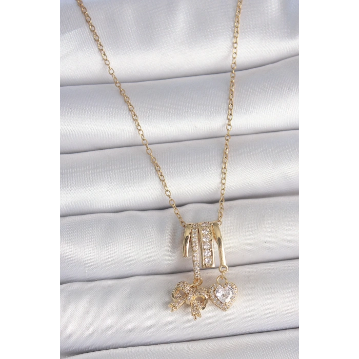 316L Çelik Gold Renk Sallantı Fiyonk Kalp Figür Charm Kadın Kolye