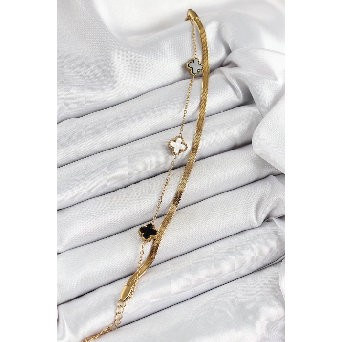 316L Çelik Gold Renk Siyah ve Beyaz Yoncalı İtalyan Zincirli 2li Kadın Bileklik