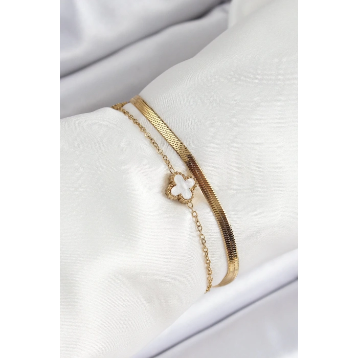 316L Çelik Gold Renk Siyah ve Beyaz Yoncalı İtalyan Zincirli 2li Kadın Bileklik