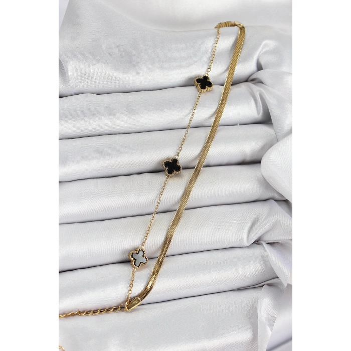 316L Çelik Gold Renk Siyah Yoncalı İtalyan Zincirli 2li Kadın Bileklik