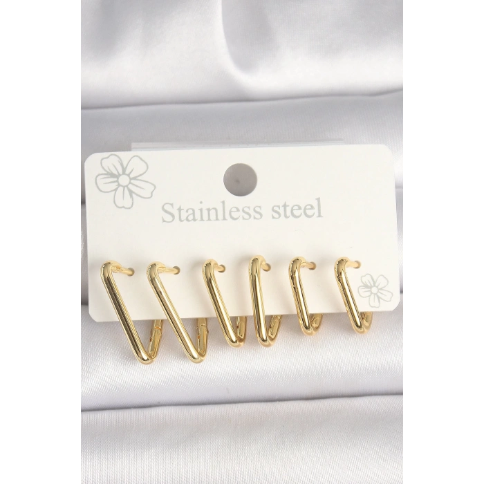 316L Çelik Gold Renk Üçgen Model Kadın Küpe Seti