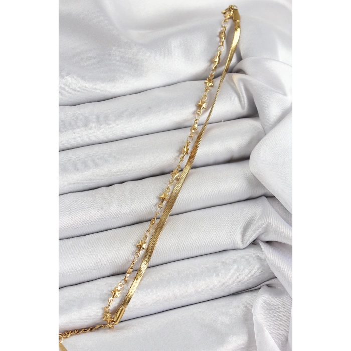 316L Çelik Gold Renk Yıldız Zincir ve İtalyan Zincirli 2li Kadın Bileklik