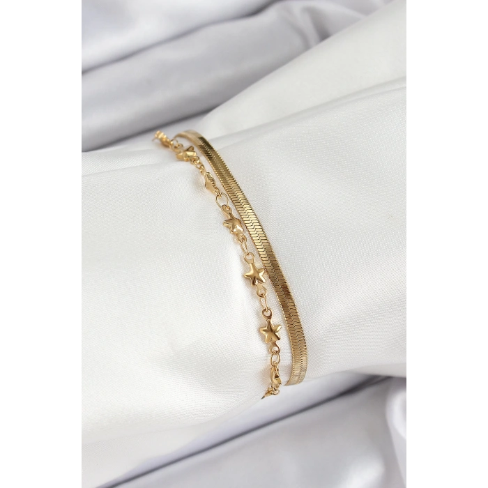316L Çelik Gold Renk Yıldız Zincir ve İtalyan Zincirli 2li Kadın Bileklik