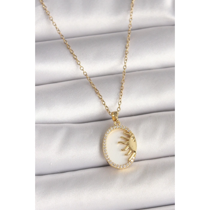 316L Çelik Gold Renk Zincir Beyaz Mineli Gün Batımı Model Zirkon Taş Detay Kadın Kolye