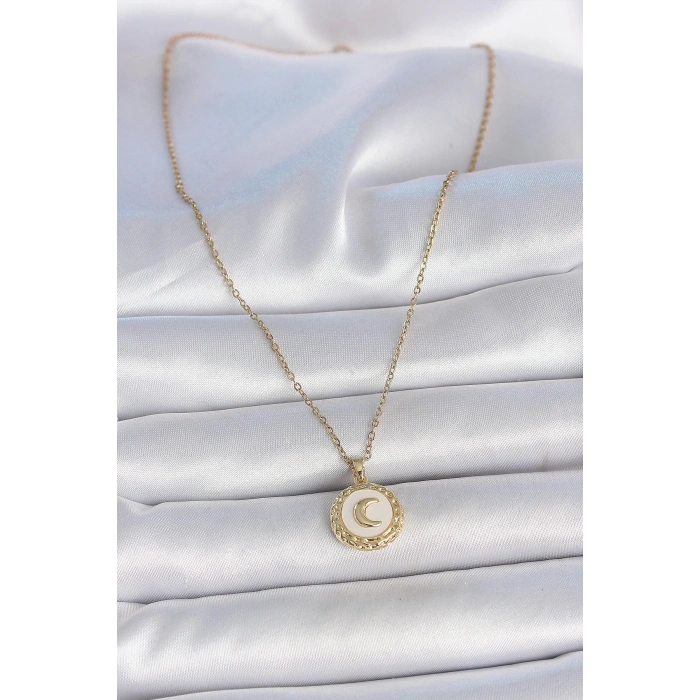 316L Çelik Gold Renk Zincir Beyaz Mineli Hilal İşlemeli Madalyon Model Kadın Kolye