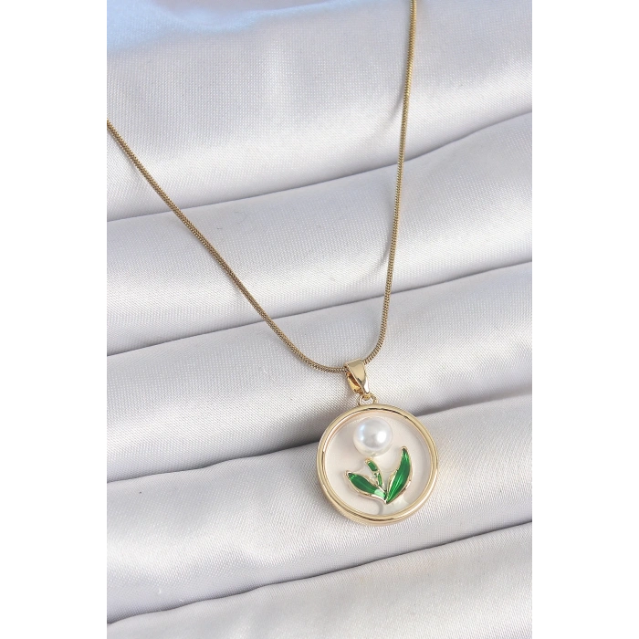316L Çelik Gold Renk Zincir Beyaz Mineli İncili Çiçek İşlemeli Portre Model Kadın Kolye