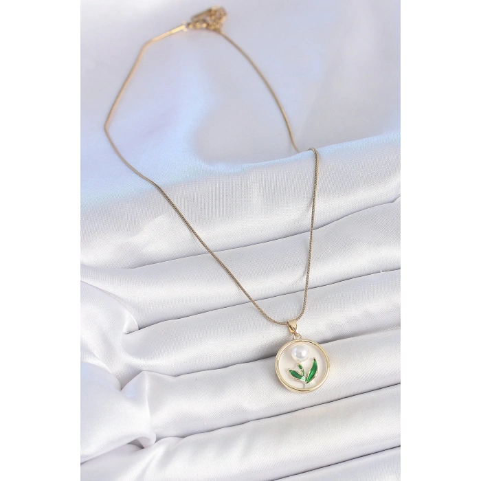 316L Çelik Gold Renk Zincir Beyaz Mineli İncili Çiçek İşlemeli Portre Model Kadın Kolye