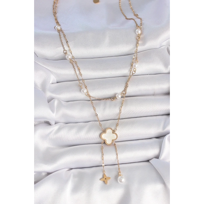 316L Çelik Gold Renk Zincir Beyaz Yonca Figür Sallantı Çiçek İnci Detay Kadın Kolye