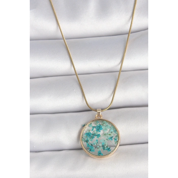 316L Çelik Gold Renk Zincir Daire Epoksi Mavi Çiçek Yaprak Model Kadın Kolye