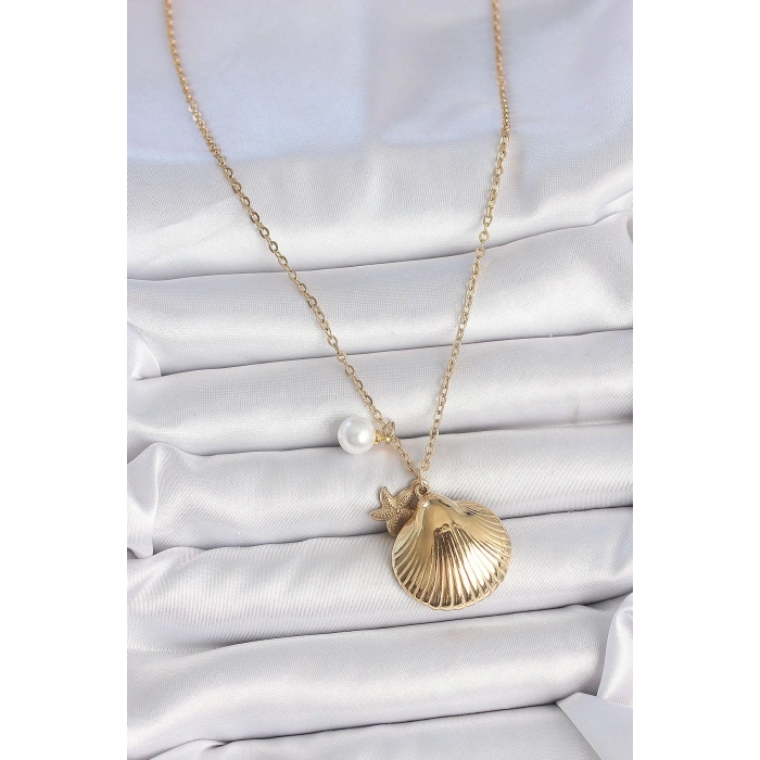 316L Çelik Gold Renk Zincir Deniz Kabuğu Figür İnci Detay Kadın Kolye